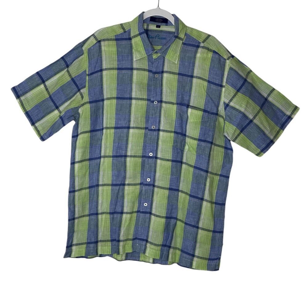 ALAN FLUSSER Shirt Mens Large Plaid 100% Linen Colorful Lightweight Corpcore